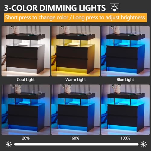dnbss Nightstand with Wired/Wireless Charging Station, Auto LED Lighting Bedside Tables with Drawers, Night Stand with 3-Color Lights & Adjustable Brightness for Bedroom (Black)