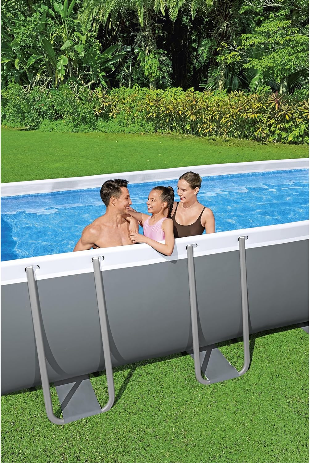 Bestway Power Steel 18' x 9' x 48" Rectangular Above Ground Swimming Pool Set Metal Frame Family Pool with Sand Filter Pump, Skimmer, and Vacuum,White