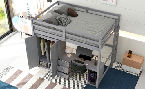 Wooden Full Size Loft Bed with Wardrobe, Desk and Storage Drawers,for Kids Teens Adults Bedroom Use (White@Drawers, Full)