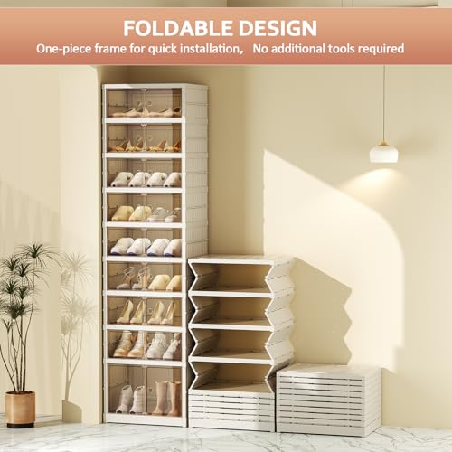 Portable Shoe Rack Organizer 6 Tier 24 Pairs Foldable Shoe Box with Doors, Large Folding Cabinet Bins.Stackable Plastic Shoe Box, Storage Shoe Cabinet for Hallway, Living Room, Closet
