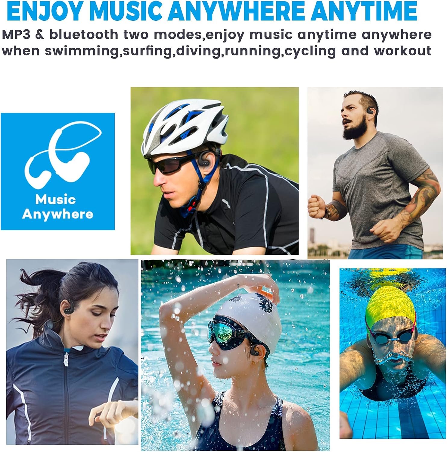 Waterproof Headphones for Swimming,IPX8 Waterproof 8GB MP3 Player Wireless Bluetooth Swimming Headphones with Noise Cancelling Mic for Swimming,Diving,Running,Cycling,Gym,Workout
