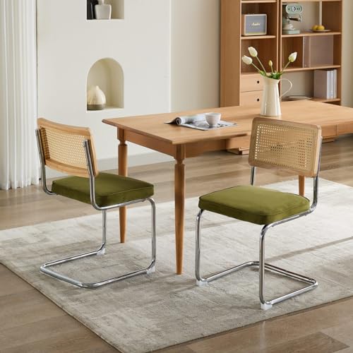 Mid-Century Modern Velvet Accent Dining Chairs Set of 2 - Natural Cane Rattan Back with Stainless Chrome Cantilever Base, Upholstered for Ultimate Comfort in Your Kitchen or Dining Room (Olive Green)