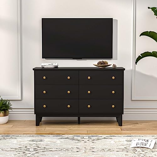 LYNSOM White Dresser for Bedroom, Modern 6 Drawer Double Dresser with Deep Drawers and Gold Knobs, Wood Storage Chest of Drawers for Living Room, Office