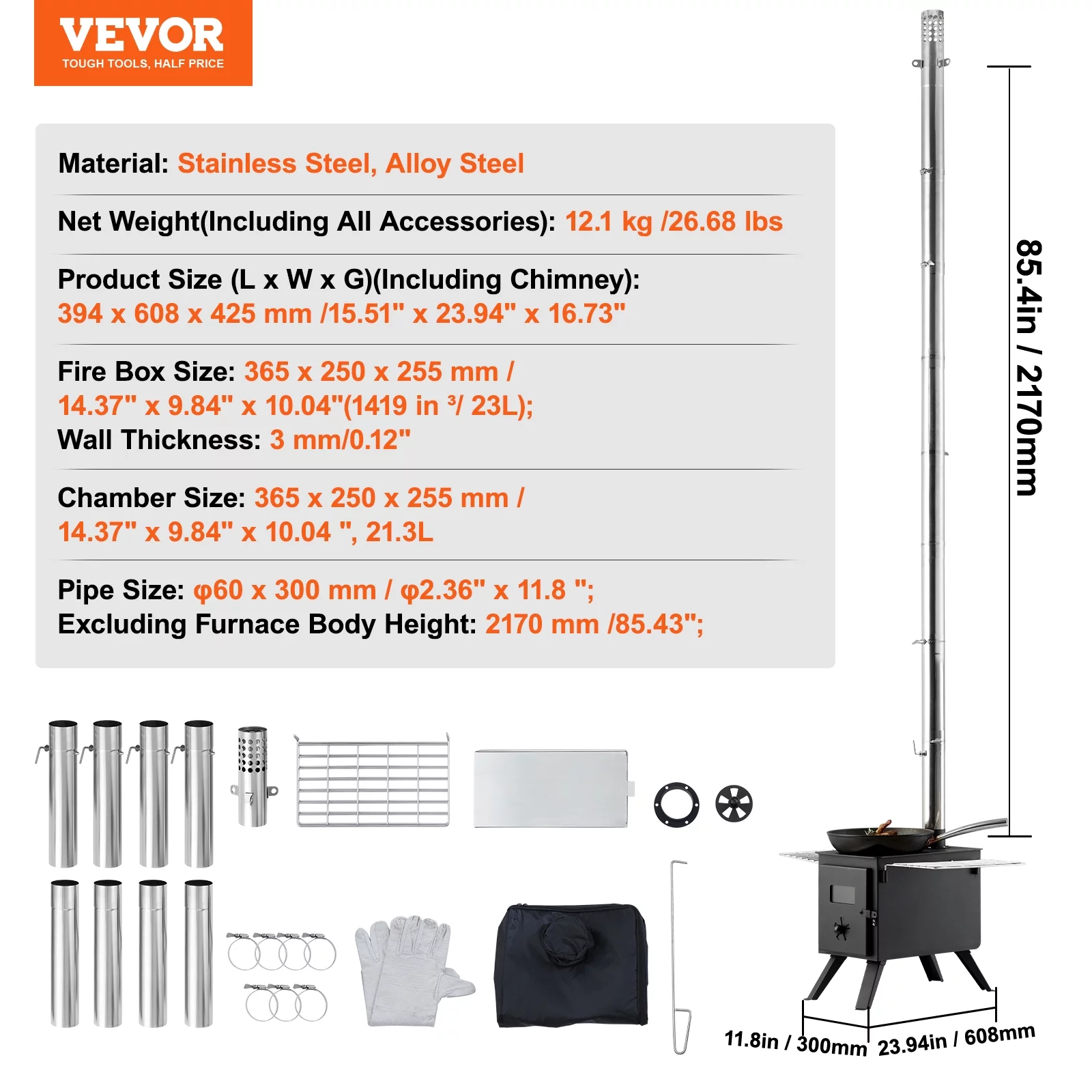 BENTISM Portable Wood Stove Camping Hot Tent BBQ Stove 86 in for Outdoor w/ Pipes