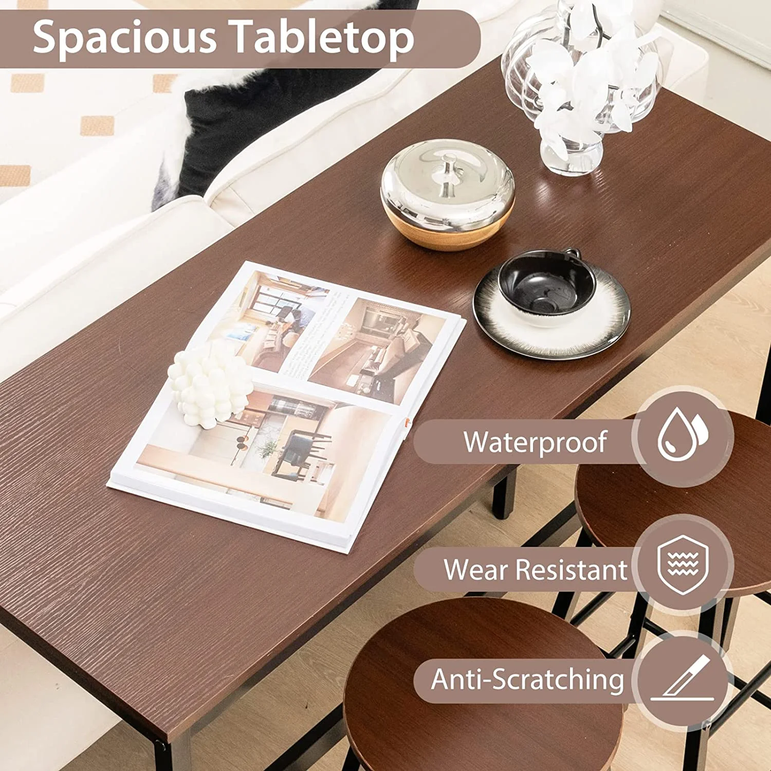 TJUNBOLIFE 3-Piece  Table Set - 36" H Counter Height Table w/ 2 Round Stools  Space Saving Design  Kitchen Breakfast Dining Table Set for Living Room  Dining Room  Pub  Bistro (Black