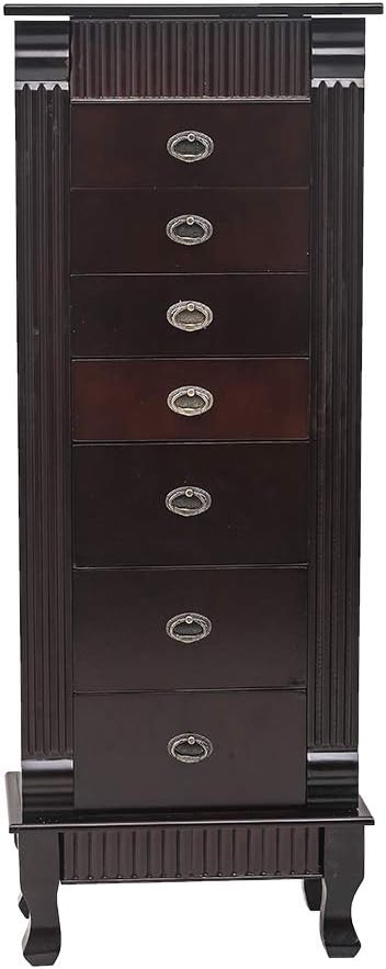 Standing Jewelry Armoire Cabinet,Jewellery Box Organizer Storage Chest with 7 Drawers,2 Swing Doors,16 Necklace Hooks,Brown