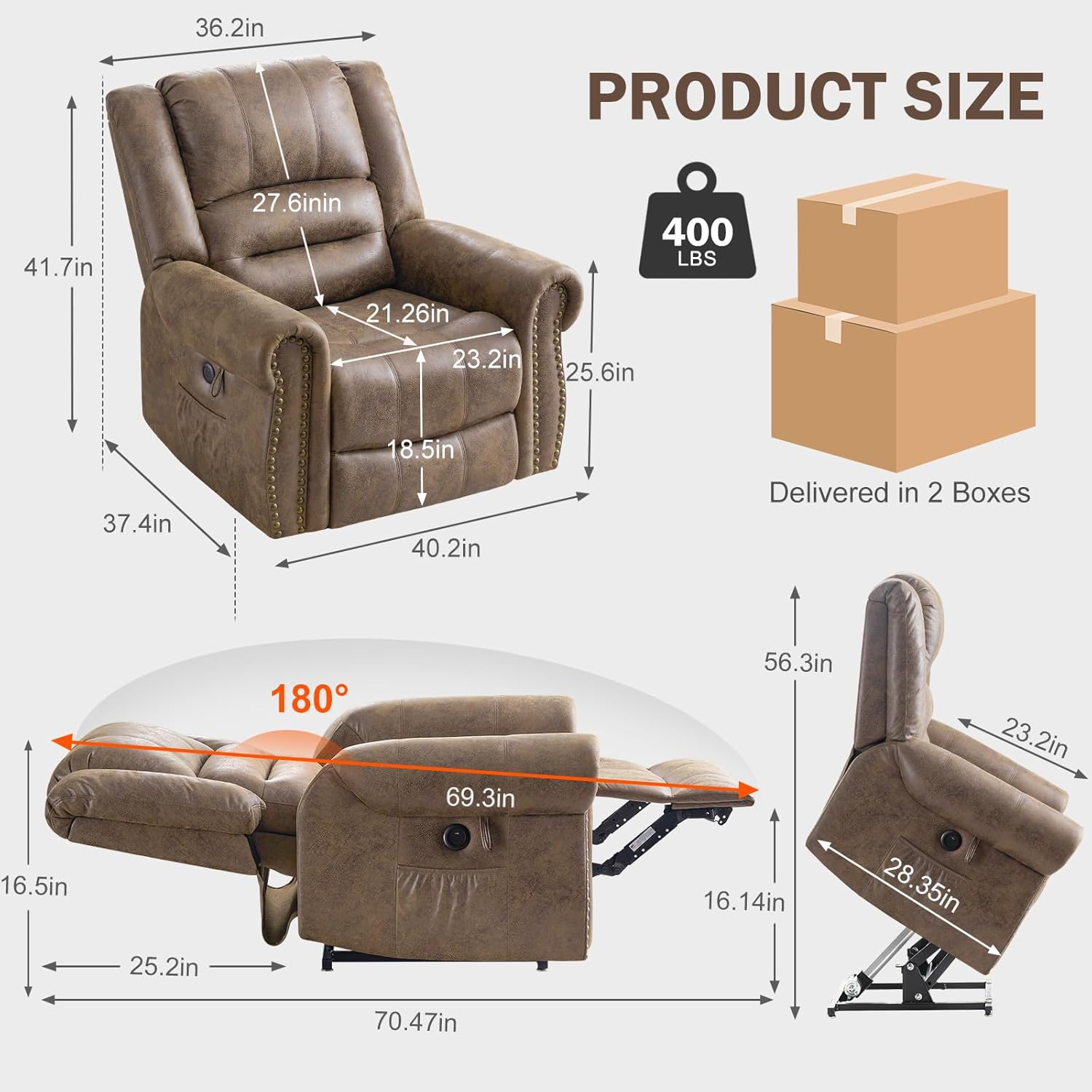 Lay Flat Dual Motor Power Lift Recliner Chair with Massage and Heat for Elderly, Breathable Leather Overstuffed Lift Chairs, Infinite Position Recliner Chairs for Sleeping, 1PC, Light Brown
