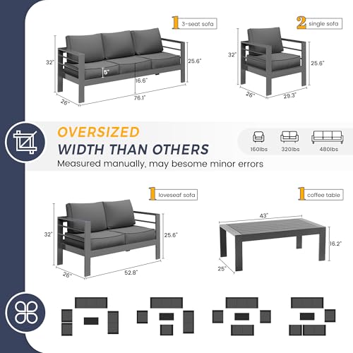 UDPATIO 8 Piece Aluminum Patio Furniture Set, Oversized Modern Outdoor Furniture Set with Olefin Fabric Cushion for Patio Deck Backyard, Dark Grey(with Waterproof Covers)