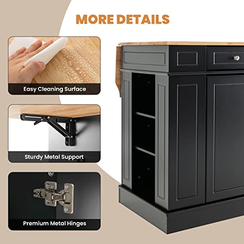 LOKO Kitchen Island with Drop Leaf, Kitchen Storage Cabinet with Rubber Wood Top, 2 Drawers, 5 Adjustable Shelves & Spice Racks, Island Table for Kitchen Home Coffee Bar, 47 x 36 x 36 Inches