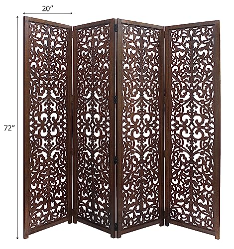 Room Divider Wood Screen - Ghanti Bells Antique Brown - 4 Panel Folding 72 x 80 - Assembled Hand Carved Decorative Functional Versatile Portable Partition Reversible Privacy Boho - COTTON CRAFT