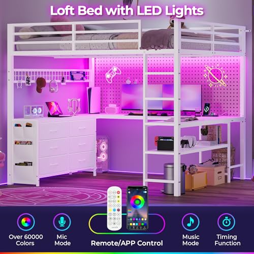 ADORNEVE Loft Bed Full Size with U-Shaped Desk, 6 Storage Drawers, Power Outlet, LED Metal Loft Bed with 2 Storage Shelves, Bed with Safety Guardrail & Ladders, No Box Spring Needed, Rustic Brown