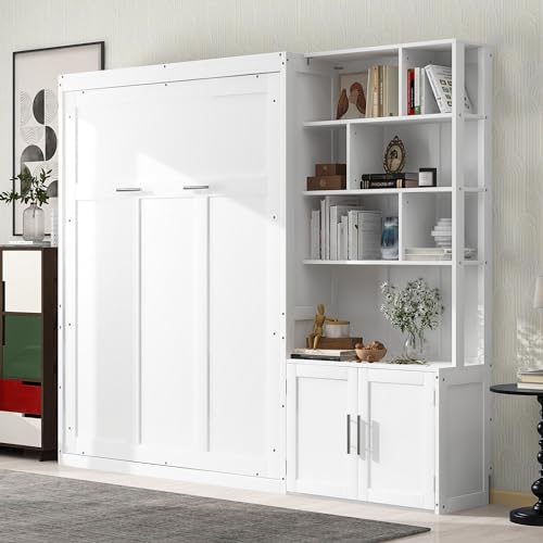 Queen Size Murphy Bed with Desk, 68 inch Murphy Bed Frame, Solid Wood Foldable Platform Bed,Foldable Cube Cabinet Queen Platform Bed, Space-Saving Wall Bed for Guest Room Home Office, White
