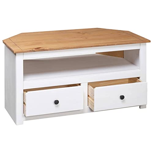 Tidyard Corner TV Cabinet with 2 Storage Drawers and 1 Open Compartment, Pine Wood Television Stand, Wooden Sofa End Table for Living Room Home Furniture 36.6 x 19.3 x 19.3 Inches (W x D x H)