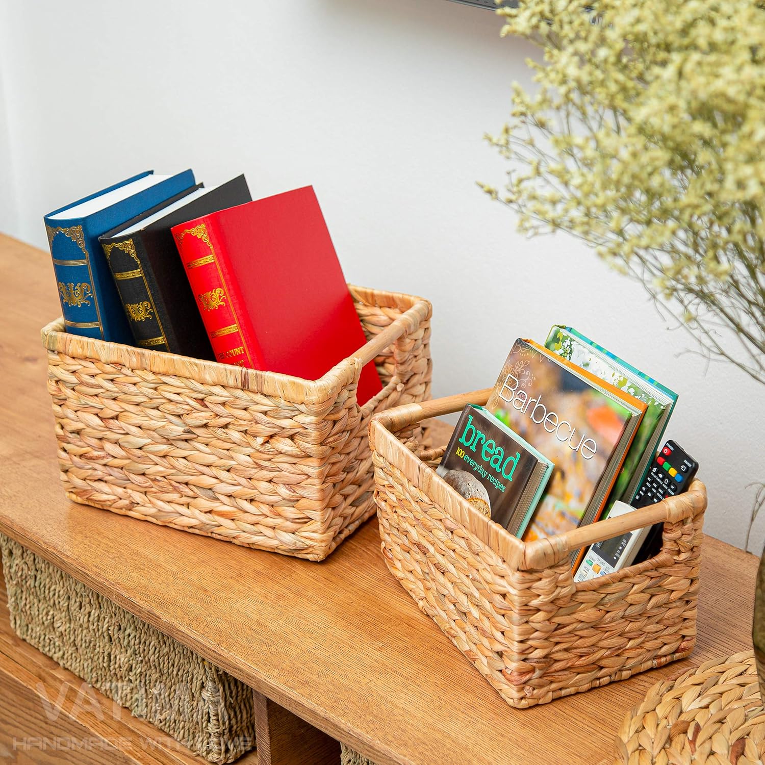 VATIMA Large Wicker Basket Rectangular with Wooden Handles for Shelves, Water Hyacinth Basket Storage, Natural Baskets for Organizing, Wicker Baskets for Storage 14.5 x 10.3 x 7.2 inches