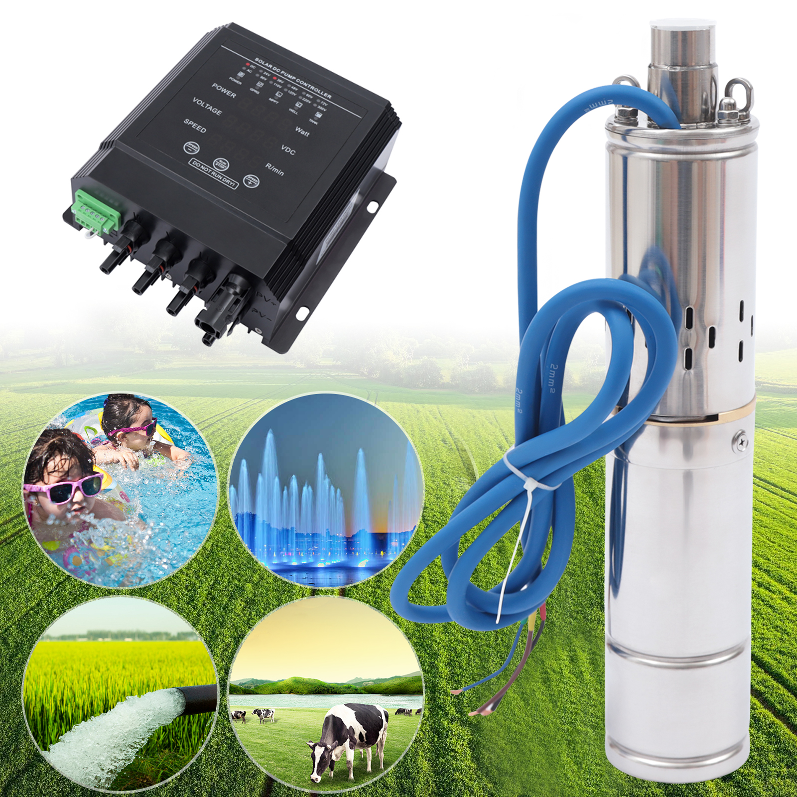 Loyalheartdy Deep Well Submersible Pump, 3" Stainless Steel Solar Water Pump Permanent Magnet Brushless DC Motor w/Controller 262'