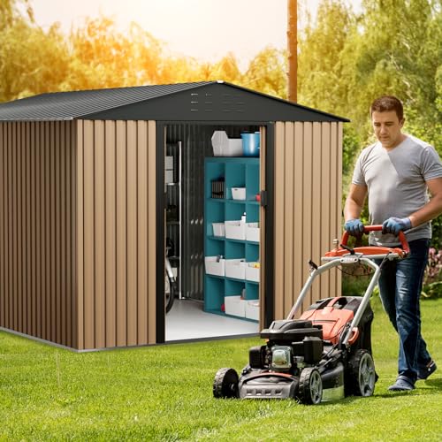 Outdoor Storage Shed, 8 x 6 FT Metal Storage Shed, Metal Garden Tool Shed with Roof, Door & Lock, Waterproof and Anti-UV, for Patio Garden Yard, Brown