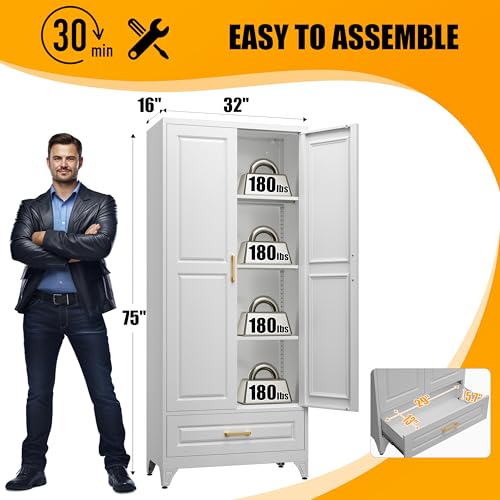 71" Tall Metal Storage Cabinet, Kitchen Pantry Storage Cabinets with Doors and 4 Shelves, White Pantry Cabinet, Utility Kitchen Cupboard, Large Steel Cabinets for Dining Room, Office, Living Room