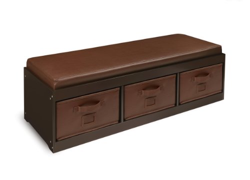 Badger Basket Kid's Padded Toy Storage Bench with Cushion and Three Fabirc Bins - Gray
