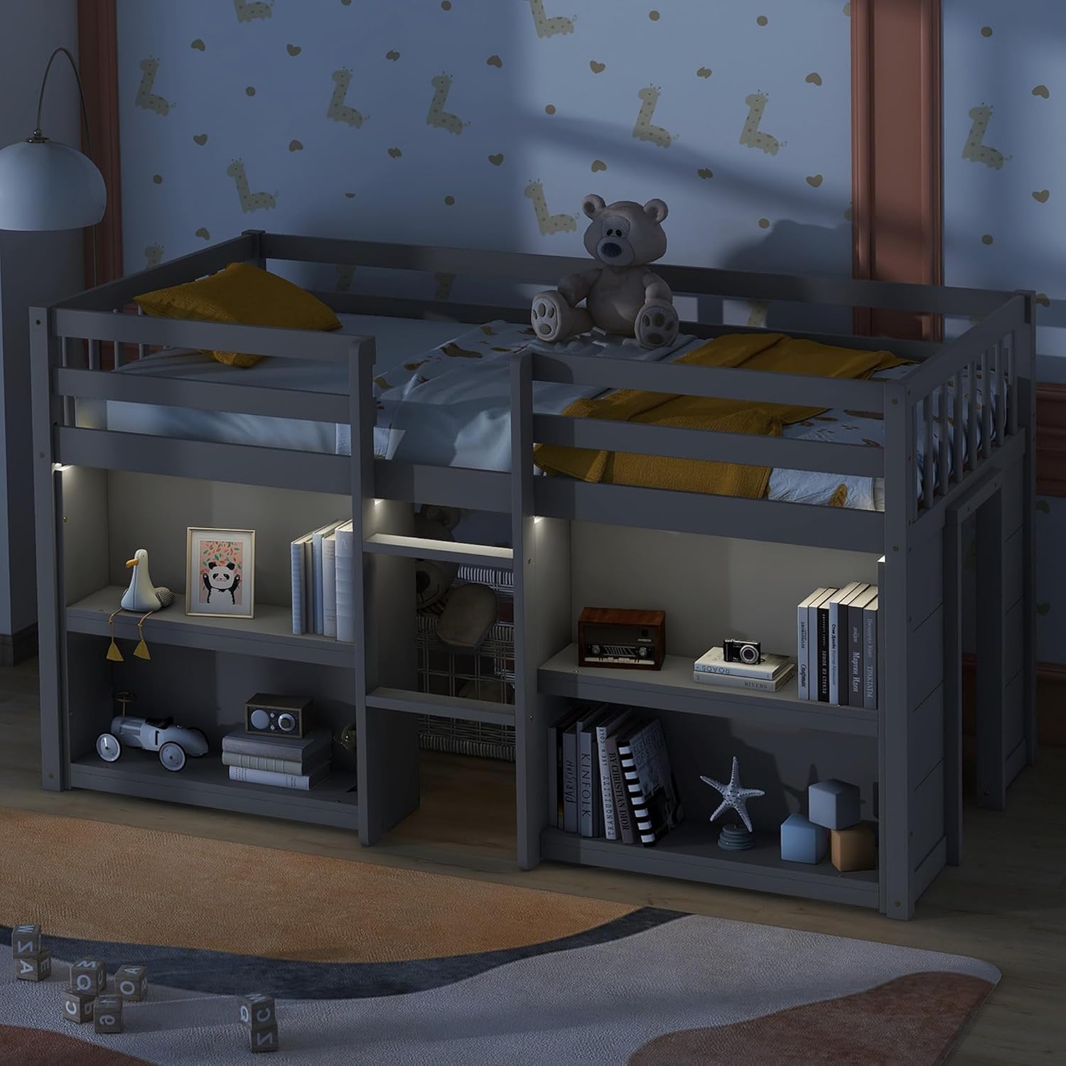 LED Twin Size Low Loft Bed for Kids,Twin Loft Bed with Storage Shelves,Kids Low Loft Bed Frame with LED Light,Space Saving, Grey