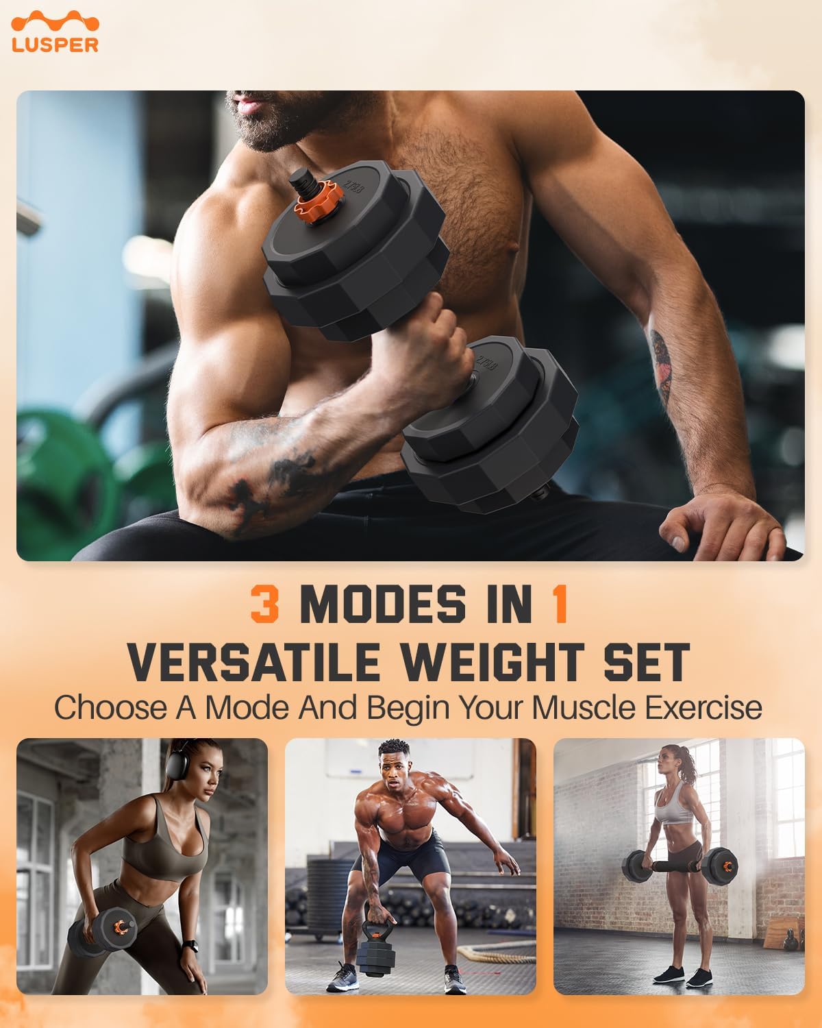 Lusper Weight Bench & Lusper Adjustable Weights Dumbbells Set, 44LB Free Weights with 3 Modes, Mutiweight Dumbbell/Barbell/Kettlebell with Connector