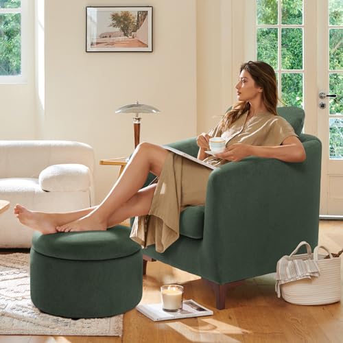 COLAMY Velvet Accent Chair with Storage Ottoman Set of 2, Upholstered Barrel Arm Chair with Footrest, Modern Living Room Chair with Back Pillow, Camel