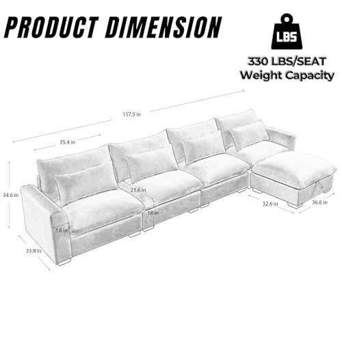 Corduroy L Shaped Sofa Couch 157.5" Brown Comfy Modular Couch Oversized Couch with Storage Ottoman Cloud Couch 4 Seater Extra Deep Sofa Couch,Sectional Couches for Living Room