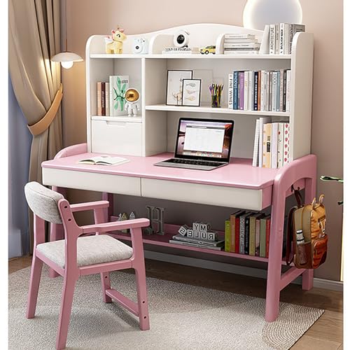 Solid Wood Writing Desk with Drawers and Shelf,Home Office Computer Desk with Hutch,Height Adjustable Student's Study Desk Workstation for Small Spaces(120x60x138cm(47x24x54in), White)
