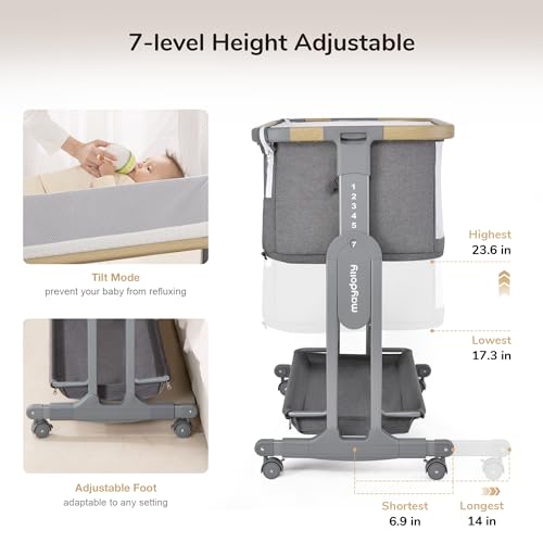 Maydolly Baby Bassinet, 3-in-1 Rocking Bassinet Bedside Sleeper with Wheels, Mattress, Sheet, 7 Height Adjustable, Folding Easy Portable Bassinet for Infant