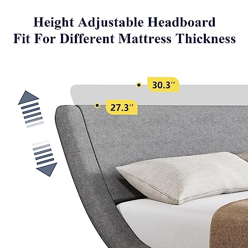 Allewie Queen Size Bed Frame with Ergonomic & Adjustable Headboard, Low Profile Modern Upholstered Platform Sleigh Design - Easy Assembly, No Box Spring Required, Black