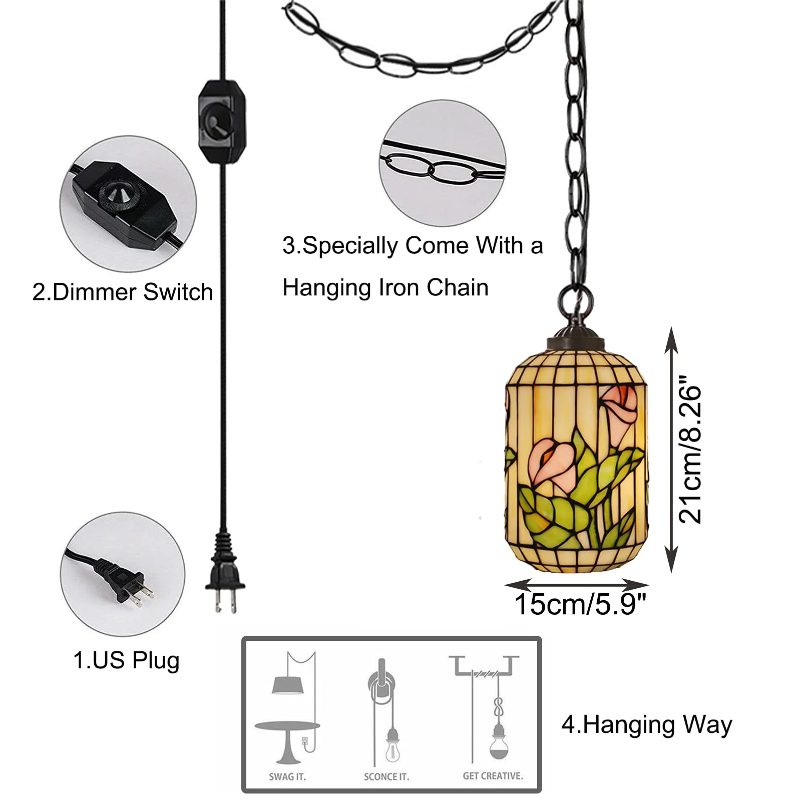 FSLiving Plug-in Pendant Hanging Light with 15FT Power Cord Tiffany Handmade Stained Glass Shade Dimmable Pendant Lamp for Loft, Bedroom, Kitchen, Living Room, Dining Table - 1 Pack
