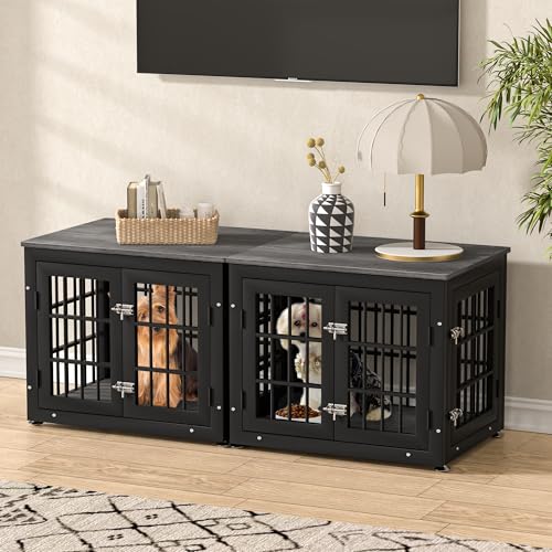 48 Inch Heavy Duty Dog Crate Furniture for Large Dogs, Decorative Pet House End Table, Extra Large Wooden Cage Kennel Furniture Indoor, Natural and White