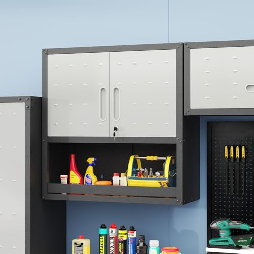Garage Storage Cabinet Wall Cabinet with 2 Doors,Lockable Tool Cabinets Wall Mounted with Adjustale Shelves,Heavy Duty Steel Hanging Cabinets for Warehouse Kitchen Laundry,Assembly Required