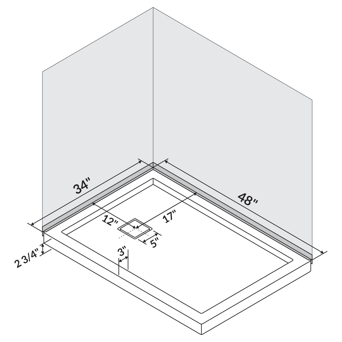 LessCare 48 x 34 Single/Double Threshold Shower Base Pan Right/Left Drain, White