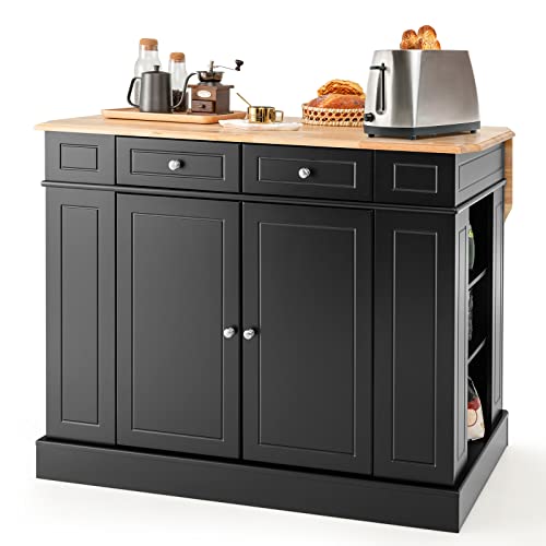 LOKO Kitchen Island with Drop Leaf, Kitchen Storage Cabinet with Rubber Wood Top, 2 Drawers, 5 Adjustable Shelves & Spice Racks, Island Table for Kitchen Home Coffee Bar, 47 x 36 x 36 Inches