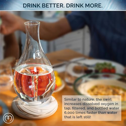 MAYU Swirl Structured Water Pitcher - Innovative Vortex Technology - Handblown. Reverse Osmosis Filter Complementary. Aerating Dispenser Stand 1.5 Liter | 51Oz Design Dining Glass Jug (Graystone Base)