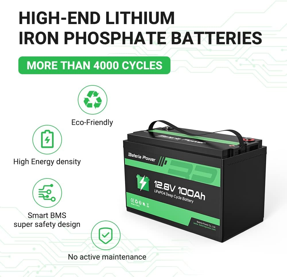 12V 100Ah LiFePO4 Deep Cycle Lithium Battery, Bateria power Rechargeable and ​Built-in BMS, Drop-in Replacement Suit for RV, Solar Power System, Marine, Home Storage, and Outdoor Camping