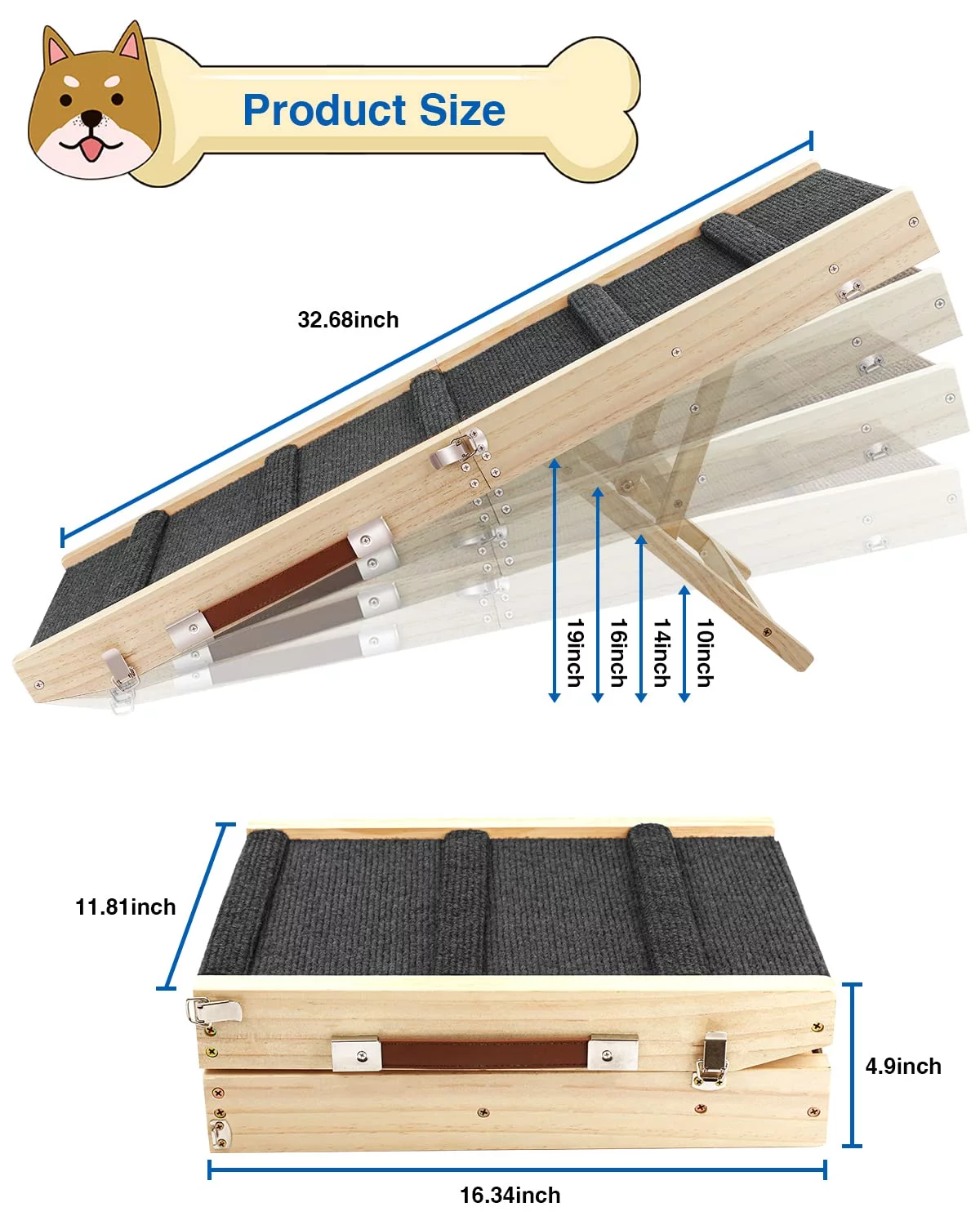 TNELTUEB Adjustable Dog Ramp, Wooden Folding Portable Pet Ramp,Rated for 30 LBS, 32.6" Long and Adjustable from 10" to 19" with Non-Slip Traction Mat, Cat Ramps for Car, Bed, Couch (Grey) - Curated Treasures Market