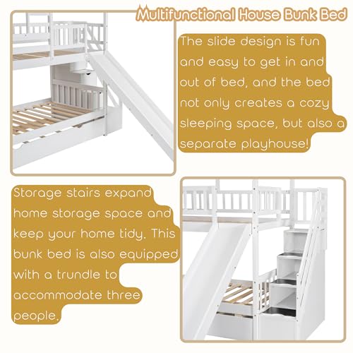 MERITLINE House Bunk Beds Twin Over Twin with Slide, Twin Bunk Bed with Storage Stairs and Trundle, Wood Kids Bunk Bed with Roof and Window Design for Girls, Boys,White