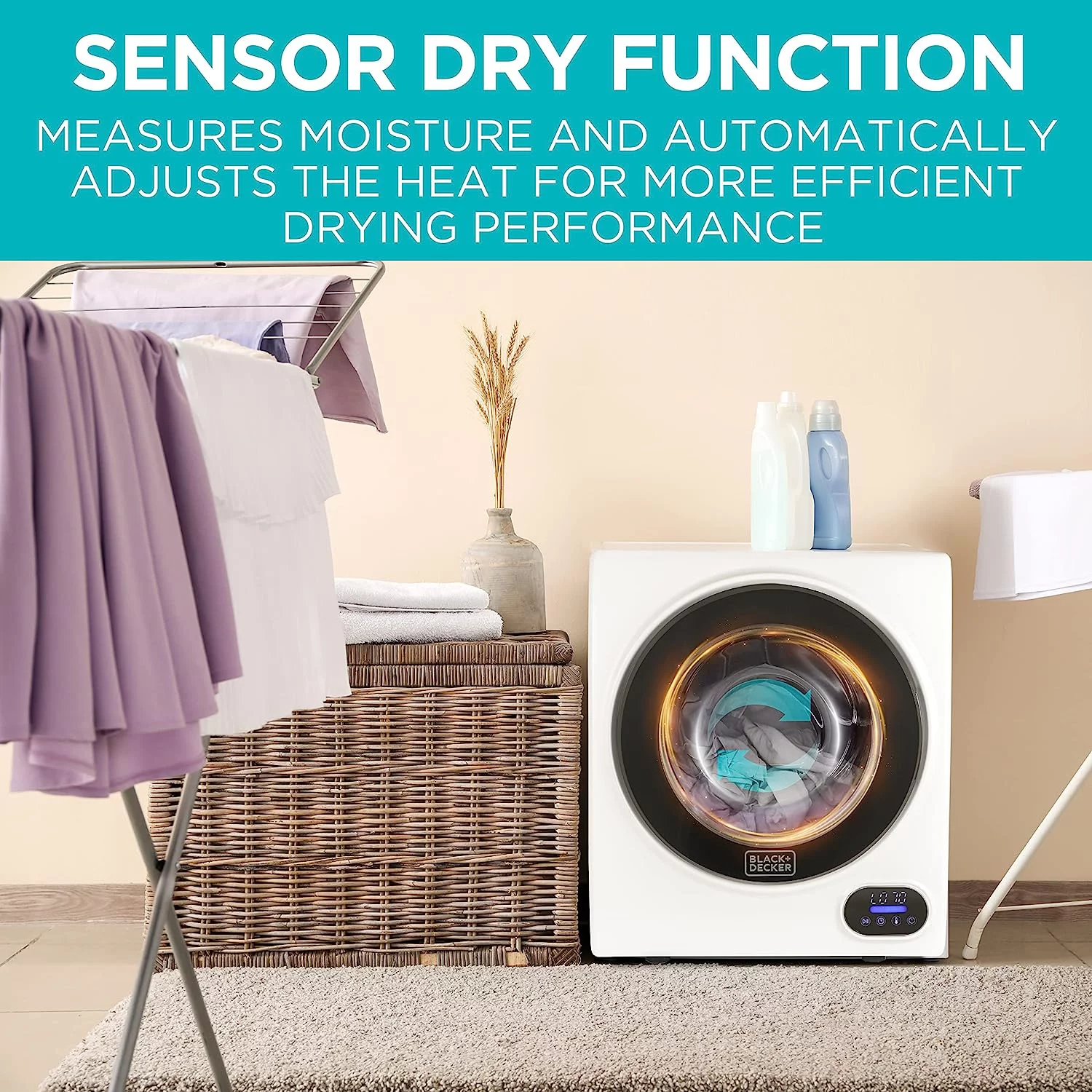 BLACK+DECKER BCED15 Compact Clothes Dryer, 1.5 Cu. Ft. 850W Electric Dryer, 120V Vented Portable Dryer with Stainless Steel Drum, Mini Dryer for 3.3 lbs. of Laundry for Standard Wall Outlet