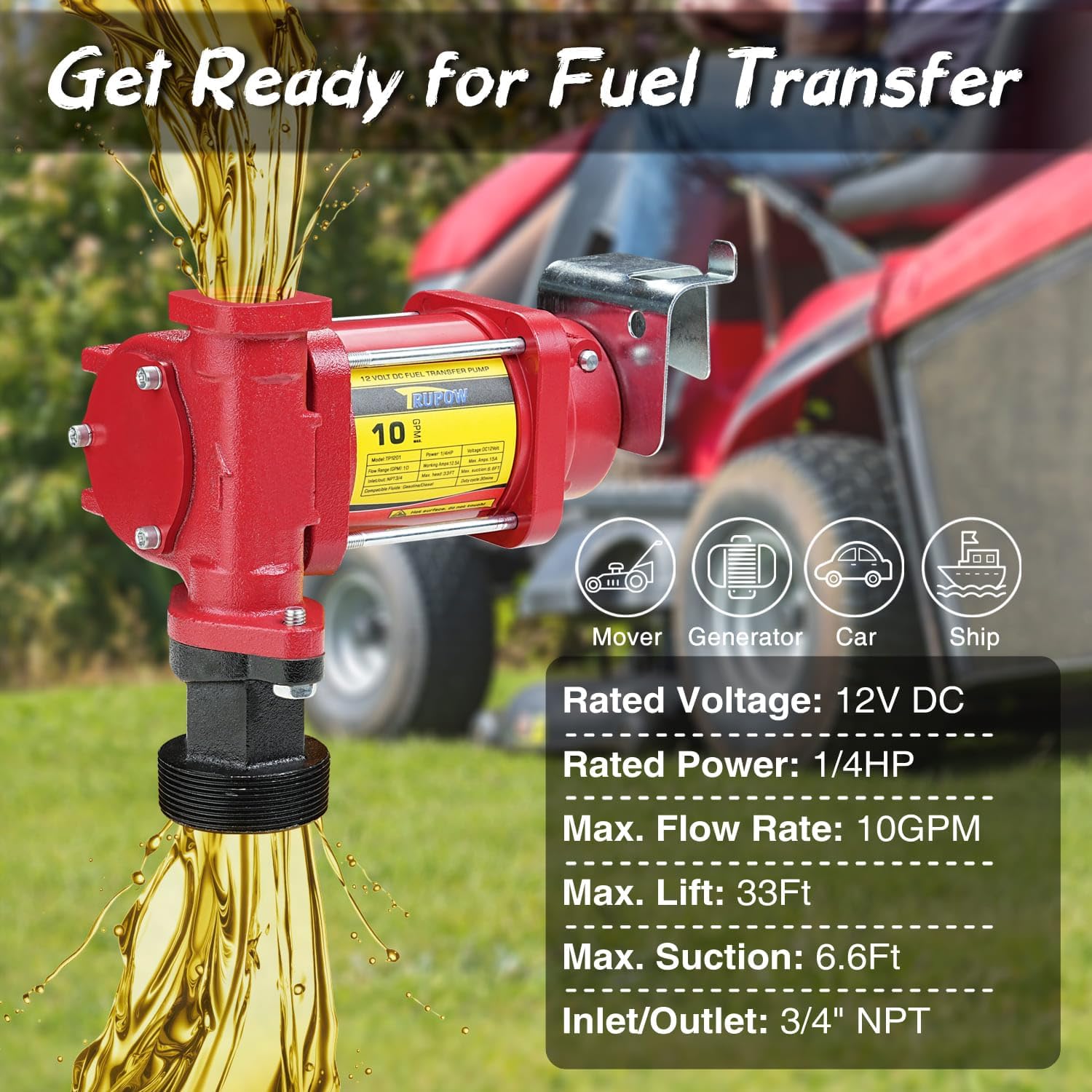 12V DC 10GPM Self-priming Gasoline Diesel Oil Fuel Transfer Explosion-proof Pump Kit with with Particulate Filter and Nozzle for Gasoline Diesel Kerosene & More