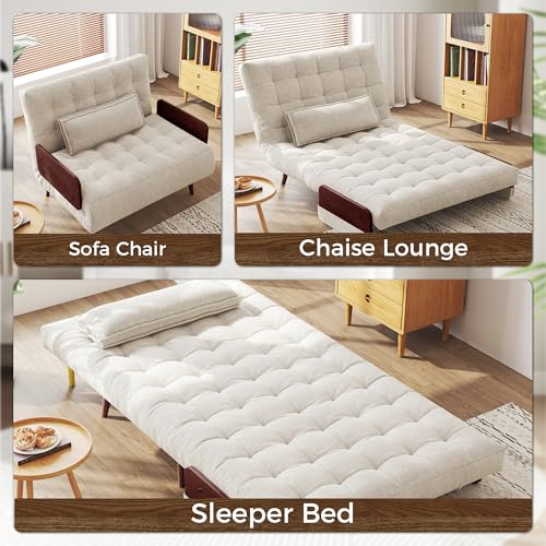 3-in-1 Convertible Chair Bed Sleeper for Adults, Linen Convertable Sleeper Chair with Wooden Arms & Pillows, Foldable Single Futon Sofa Bed (Mid Century with Walnut Arm, 36.6" Wide)
