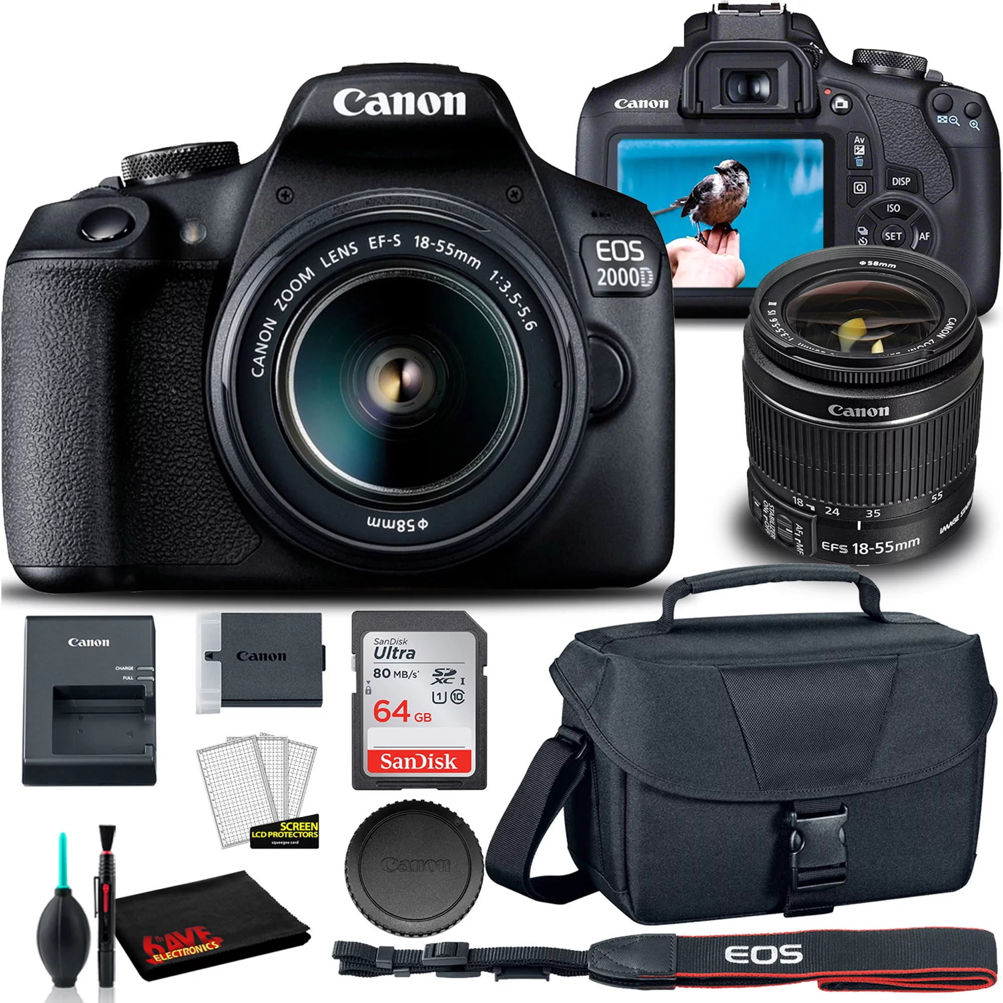 Canon EOS 2000D DSLR Camera with 18-55mm Lens  +  EOS Bag +  Sandisk Ultra 64GB Card + Cleaning Set And More (International Model) - Curated Treasures Market