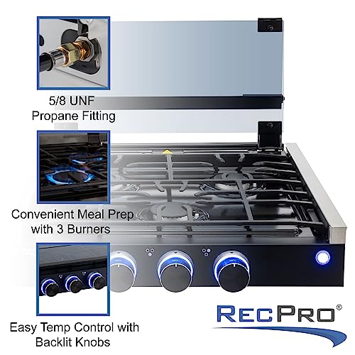 RecPro RV Built In Gas Cooktop | 2 Burner or 3 Burner | RV Cooktop Stove | 6,500 and 8,000 BTU Burners | Cover Included