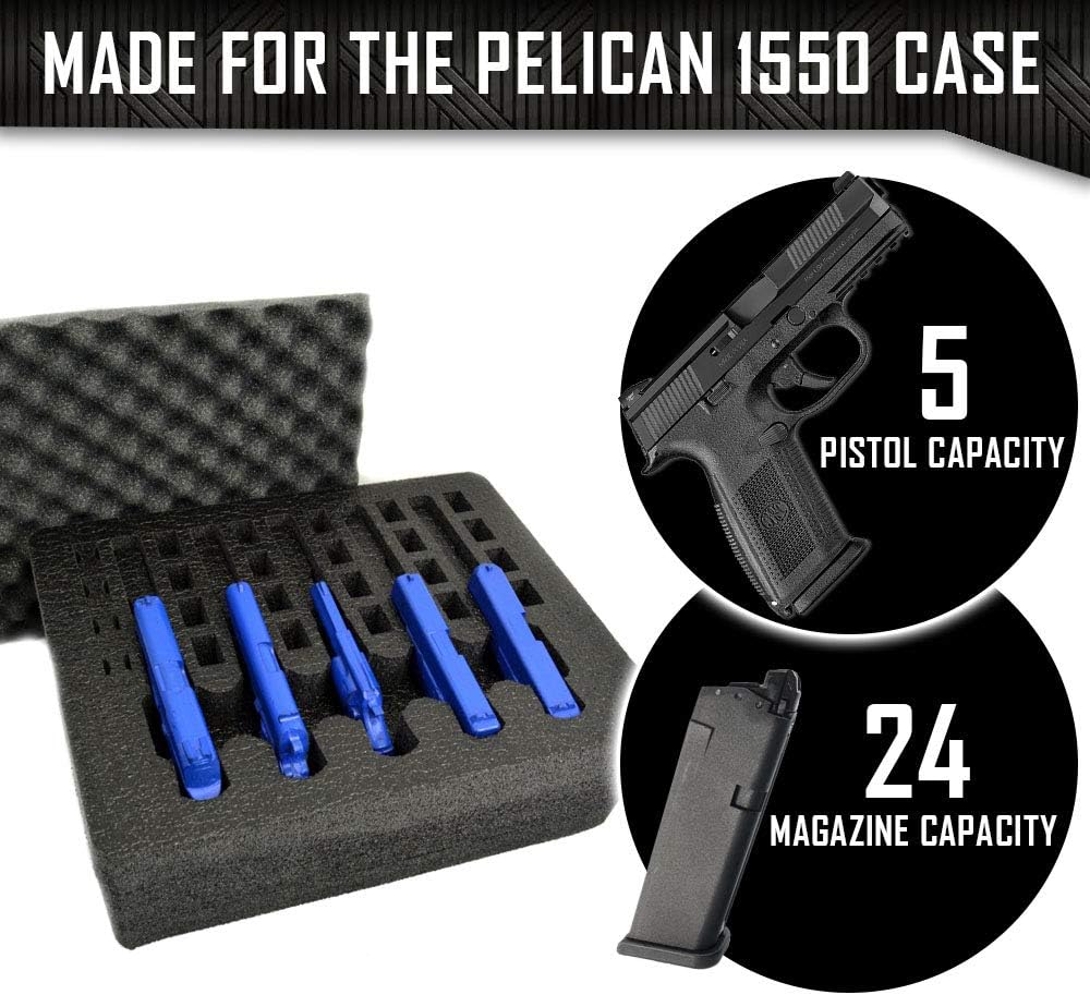 5 Pistol 24 Magazine Storage Foam Insert for Pelican 1550 Case - 2 Piece Set Pre-Cut Military Grade Polyethylene Foam Base Insert and Lid Liner (Case Not Included)