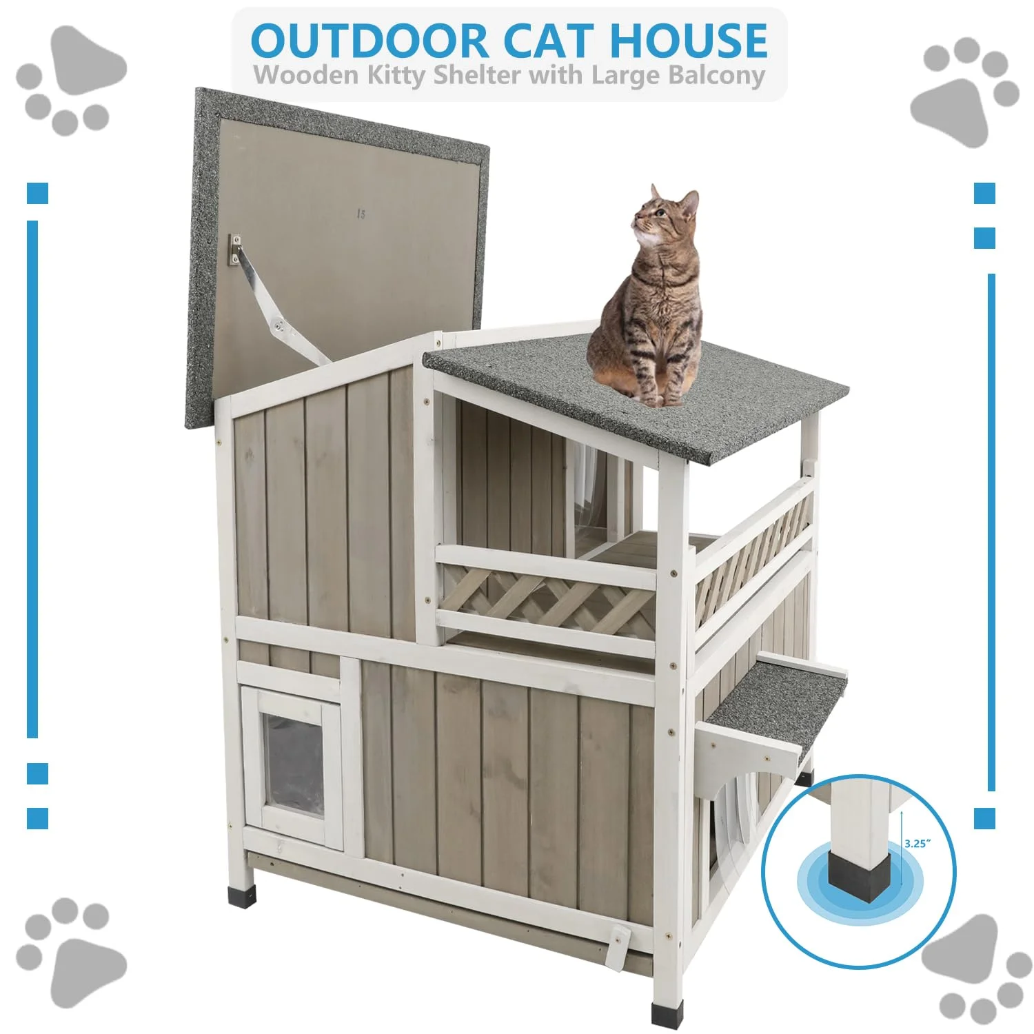 PETSCOSSET Cat House Outdoor 2-Story Wooden Kitty Shelter with Balcony, Gray