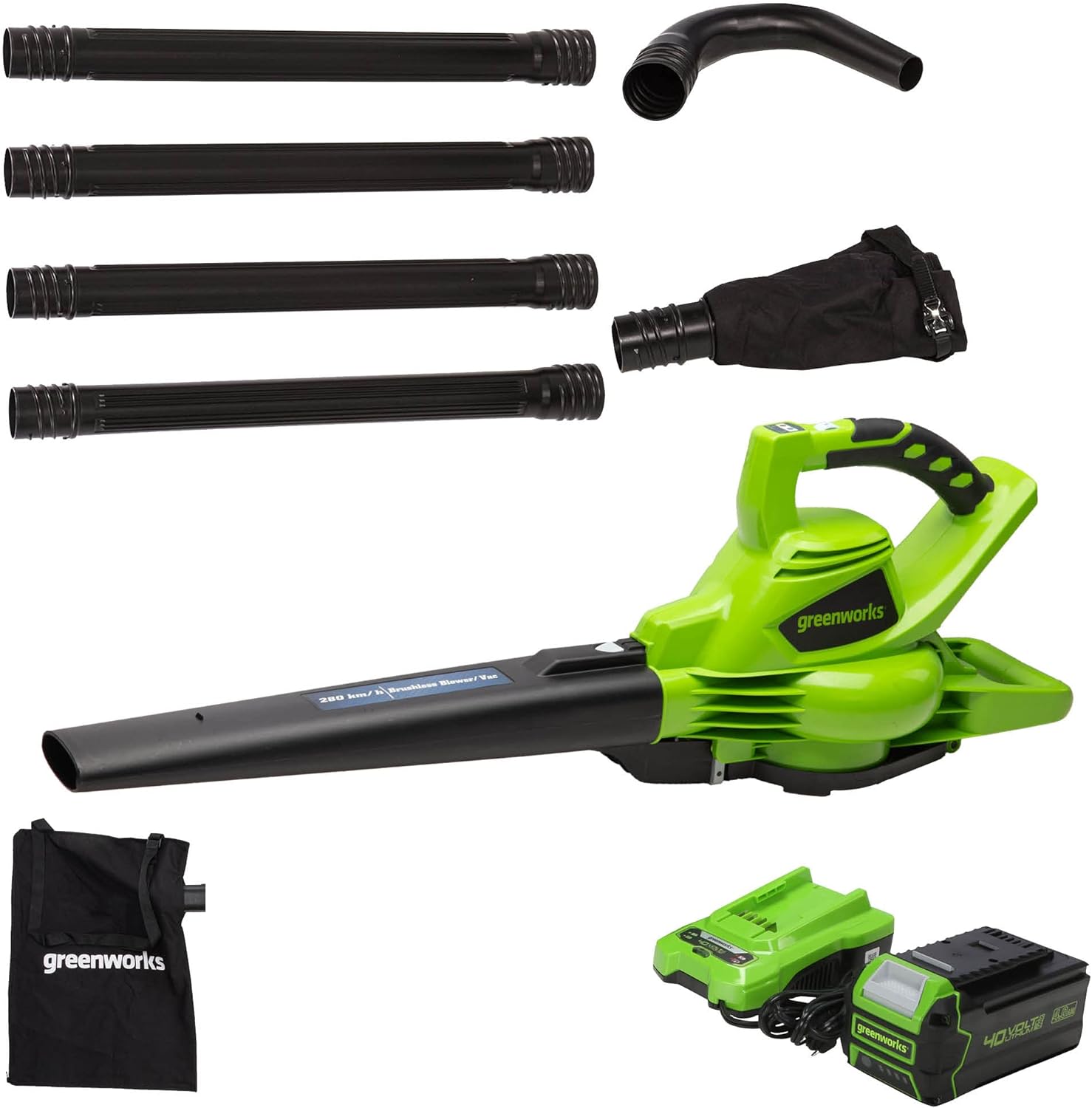 Greenworks 40V (185 MPH / 340 CFM) Brushless Cordless Blower / Vacuum, 4.0Ah Battery and Charger Included