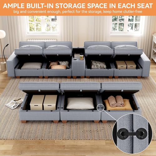 Modular Sectional Sofa, Convertible U Shaped Sofa Couch with Central Console & USB Ports, 7 Seat Modular Sectionals Couch with Chaise and Storage for Living Room, Light Grey