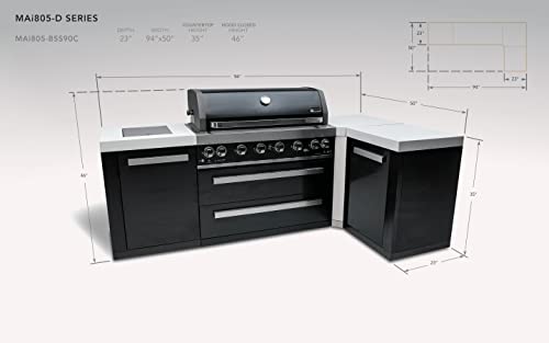 Mont Alpi Black Stainless Steel Gas Outdoor Kitchen Bar Island Grill w/Fridge Cabinet + Infrared Side & Rear Burner