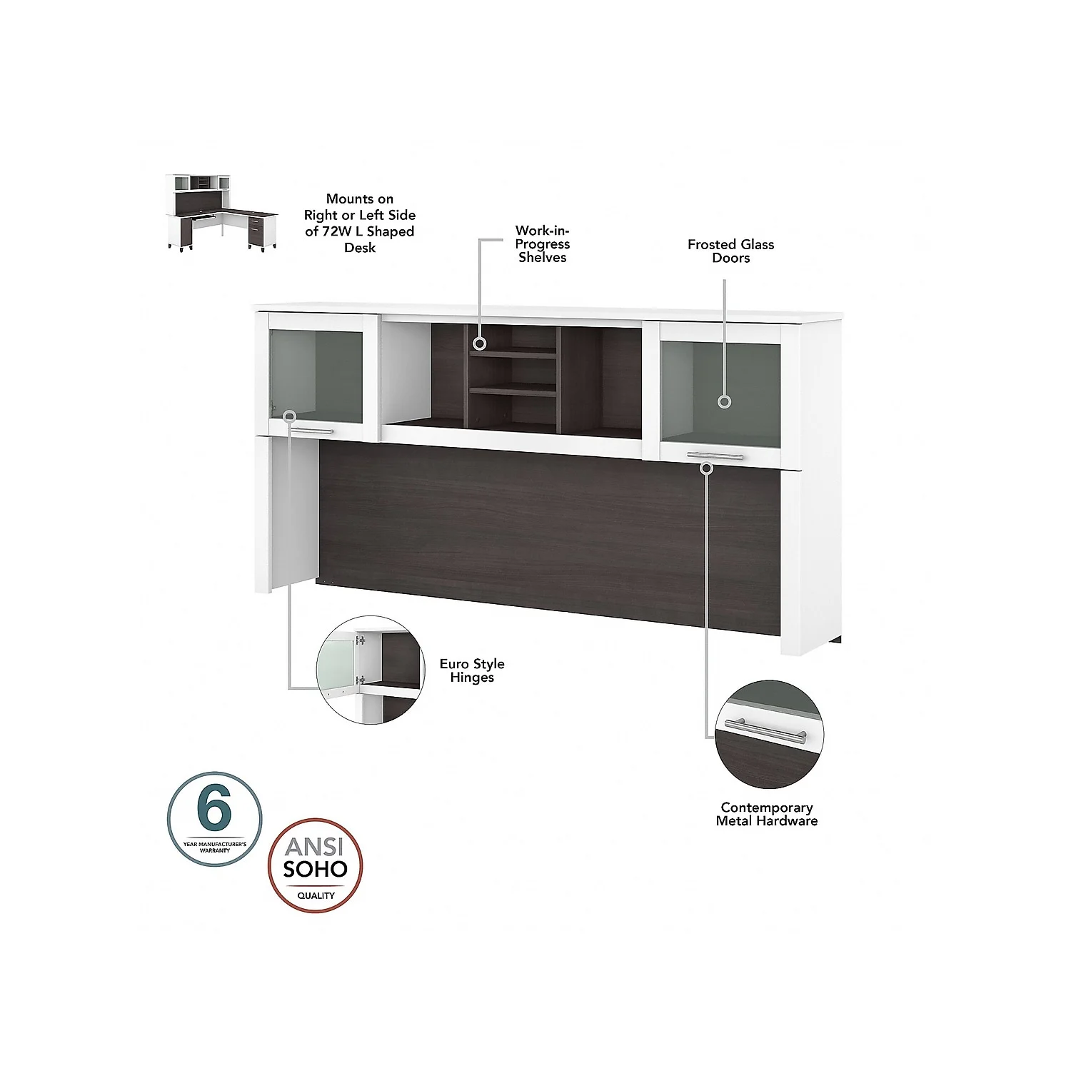 Somerset Sit to Stand L Desk Set with Bookcase in White/Gray - Engineered Wood