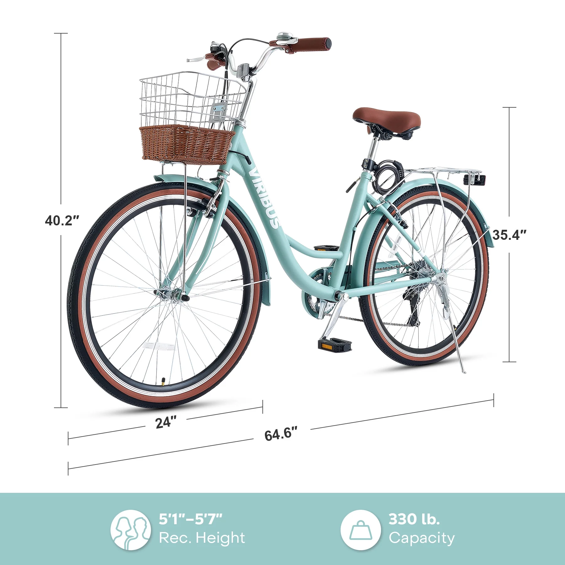 Women's Bike 24 Inch Beach & City Cruiser Bicycle with 7 Speed Basket Mint